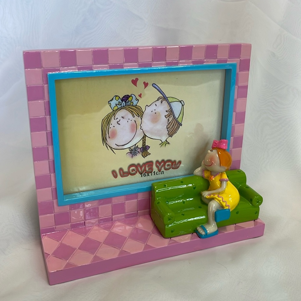 Colourful Picture Frame for 4x6” photos woman on couch admiring photo